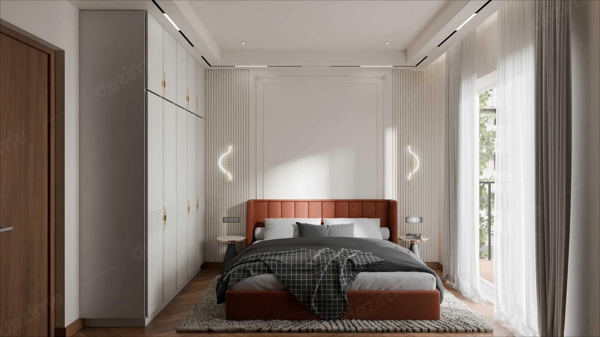 NeoClassical Elegante: Guest Bedroom Bed Back Wall Interior Design by Dezime AI