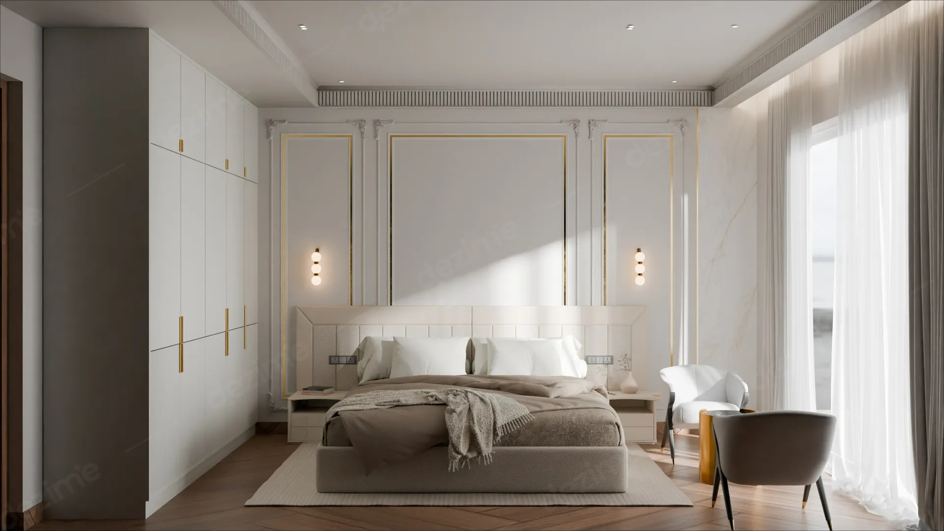 NeoClassical Elegante: Master Bedroom Bed Back Wall Interior Design by Dezime AI
