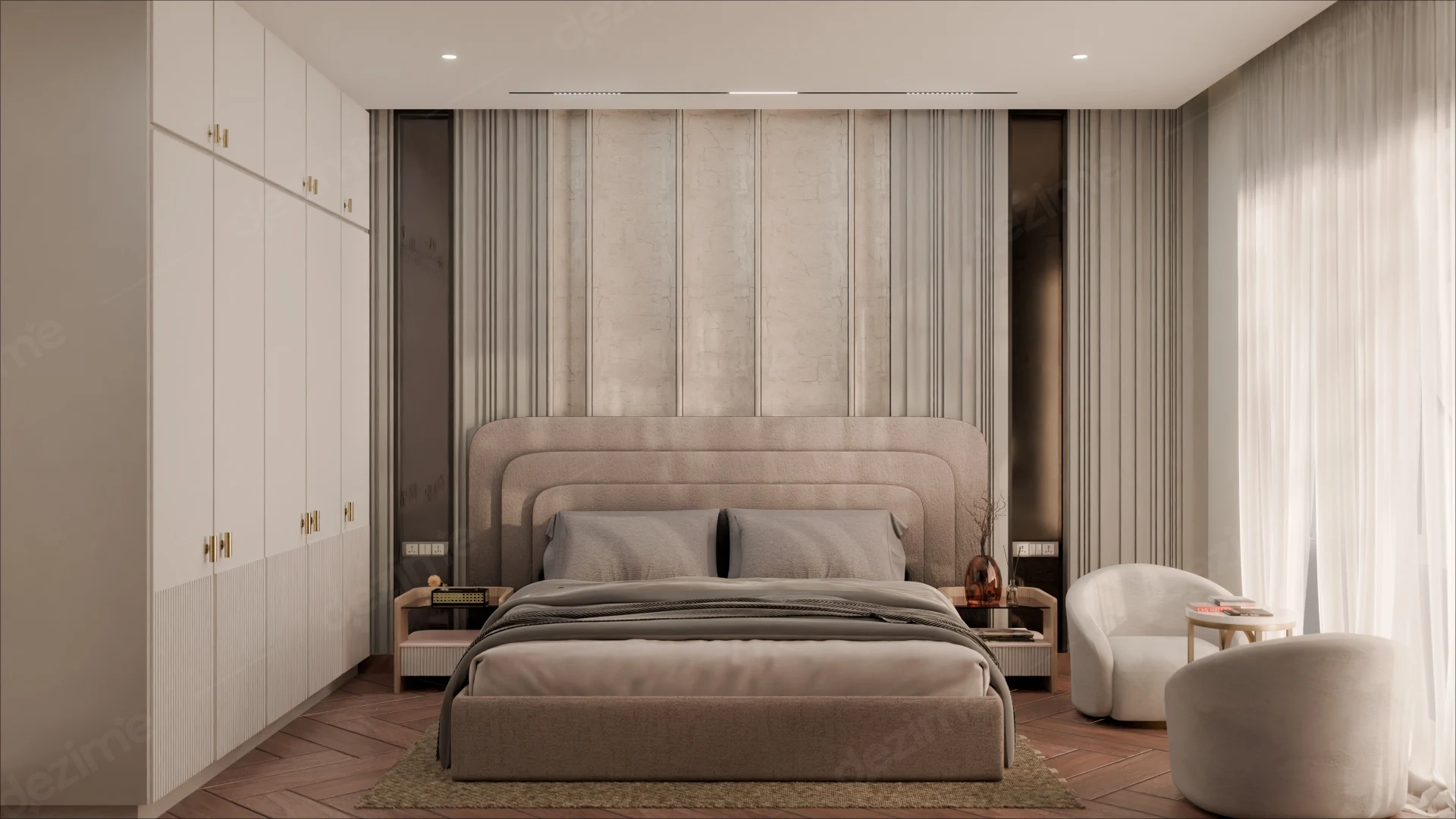 Art Deco Contemporary: Master Bedroom Bed Back Wall Interior Design by Dezime AI