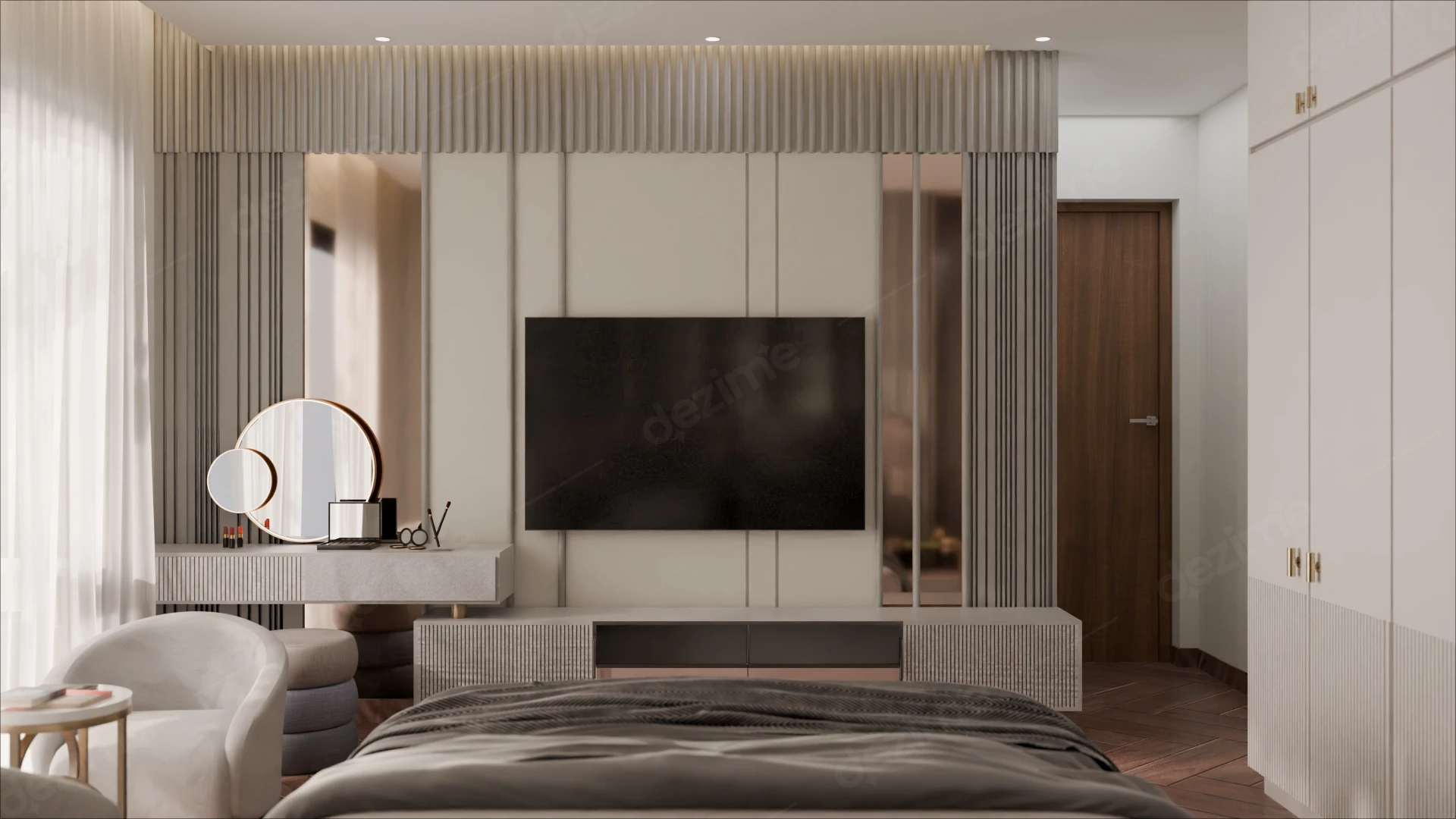 Art Deco Contemporary: Master Bedroom TV Wall Interior Design by Dezime AI