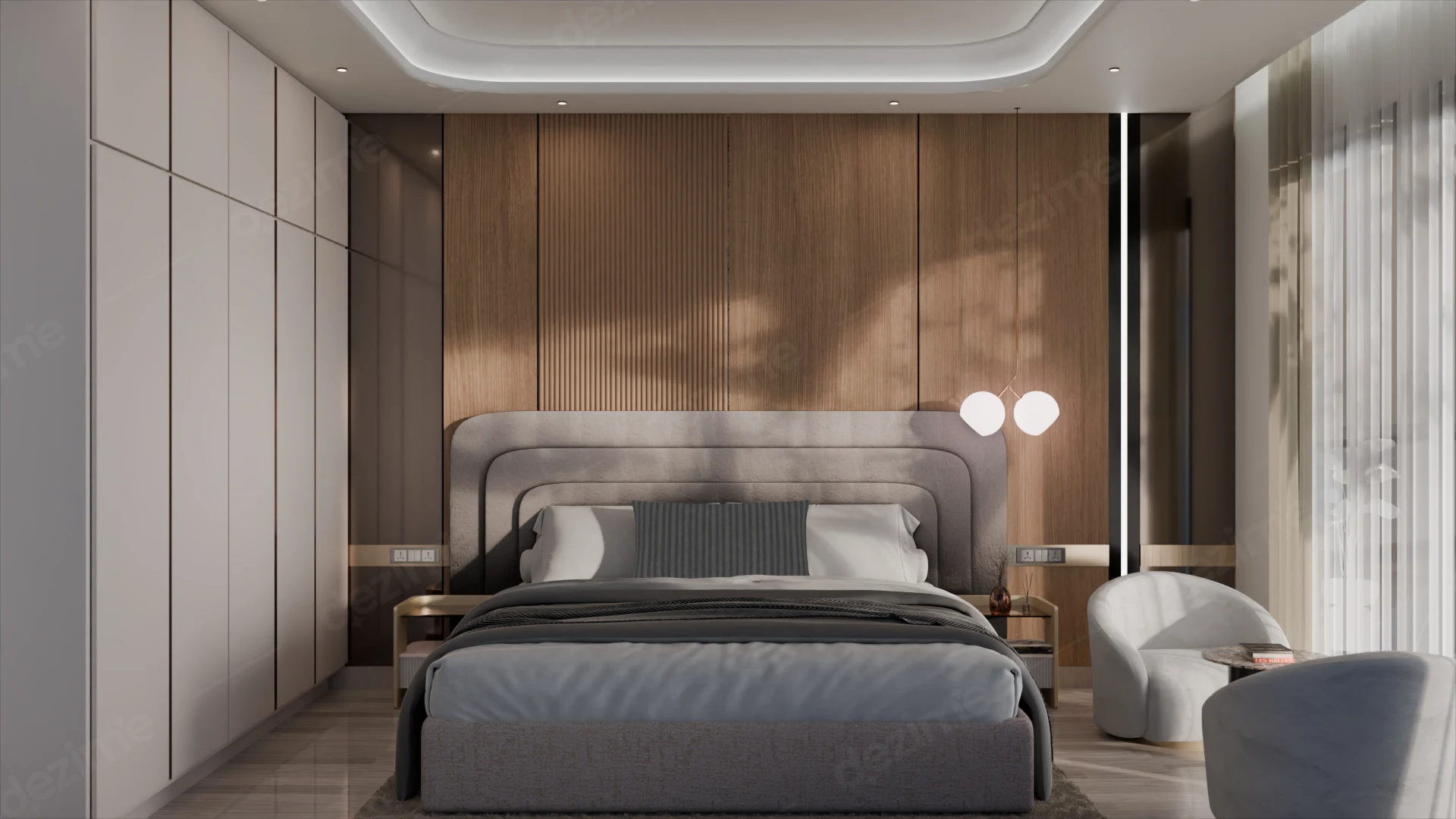 Contemporary: Master Bedroom Bed Back Wall Interior Design by Dezime AI