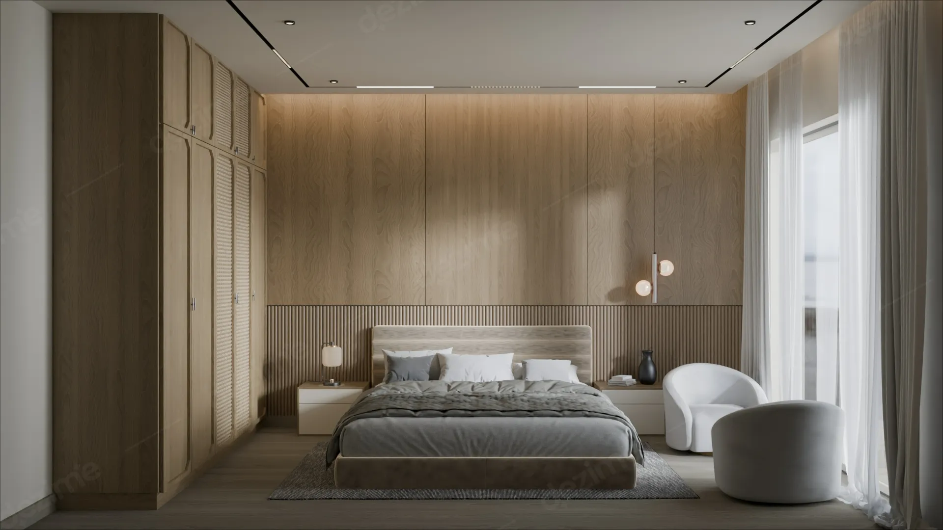 Japandi: Master Bedroom Bed Back Wall Interior Design by Dezime AI