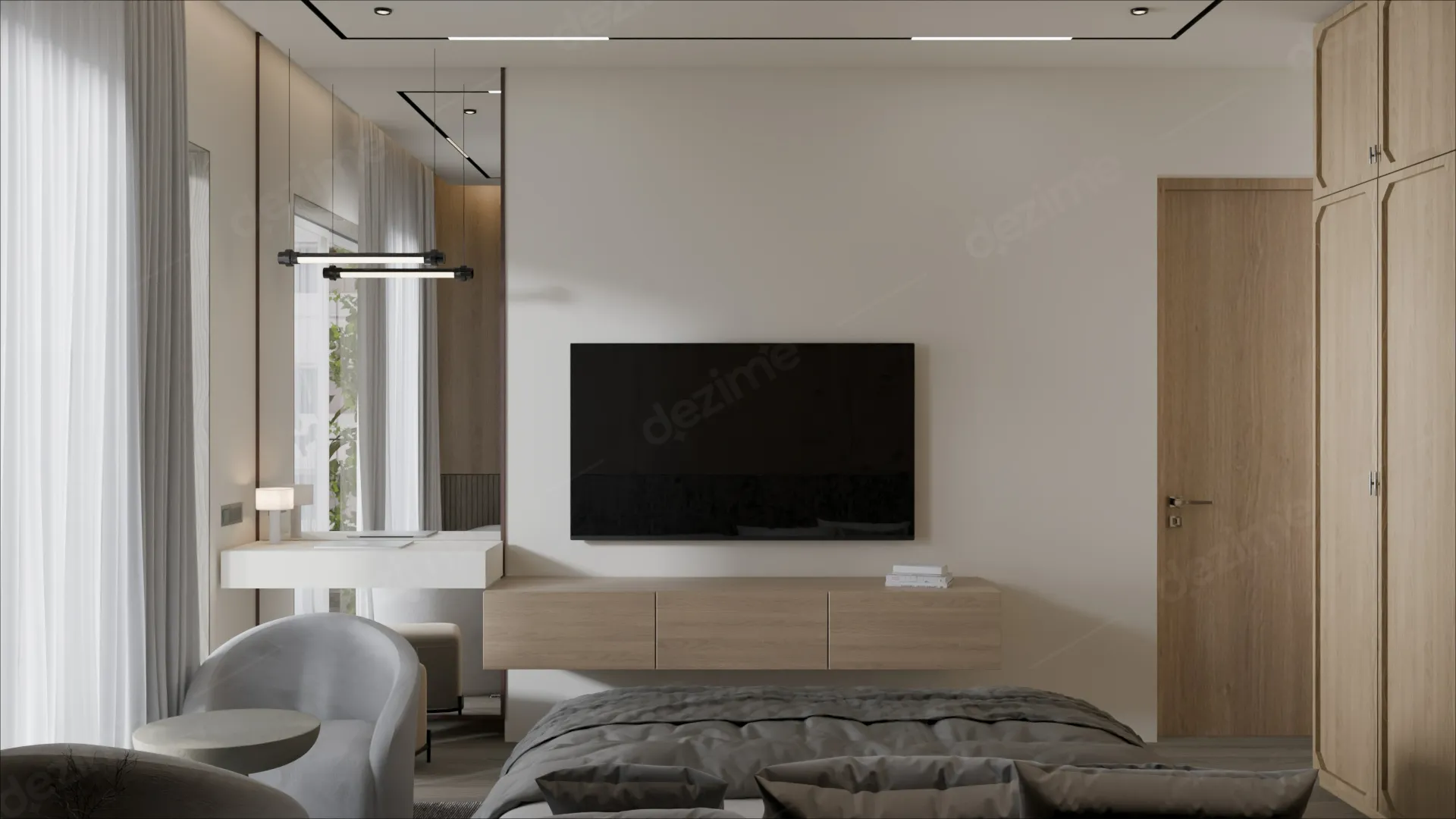Japandi: Master Bedroom TV Wall Interior Design by Dezime AI