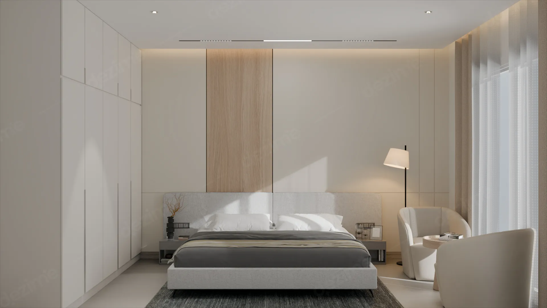 Modern Minimalist: Master Bedroom Bed Back Wall Interior Design by Dezime AI