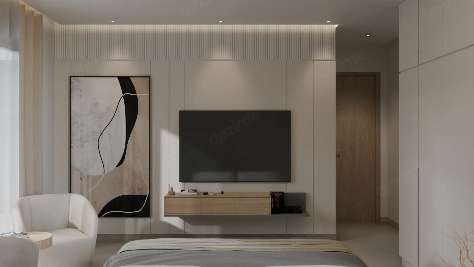 Modern Minimalist: Master Bedroom TV Wall Design with Wall Art by Dezime AI