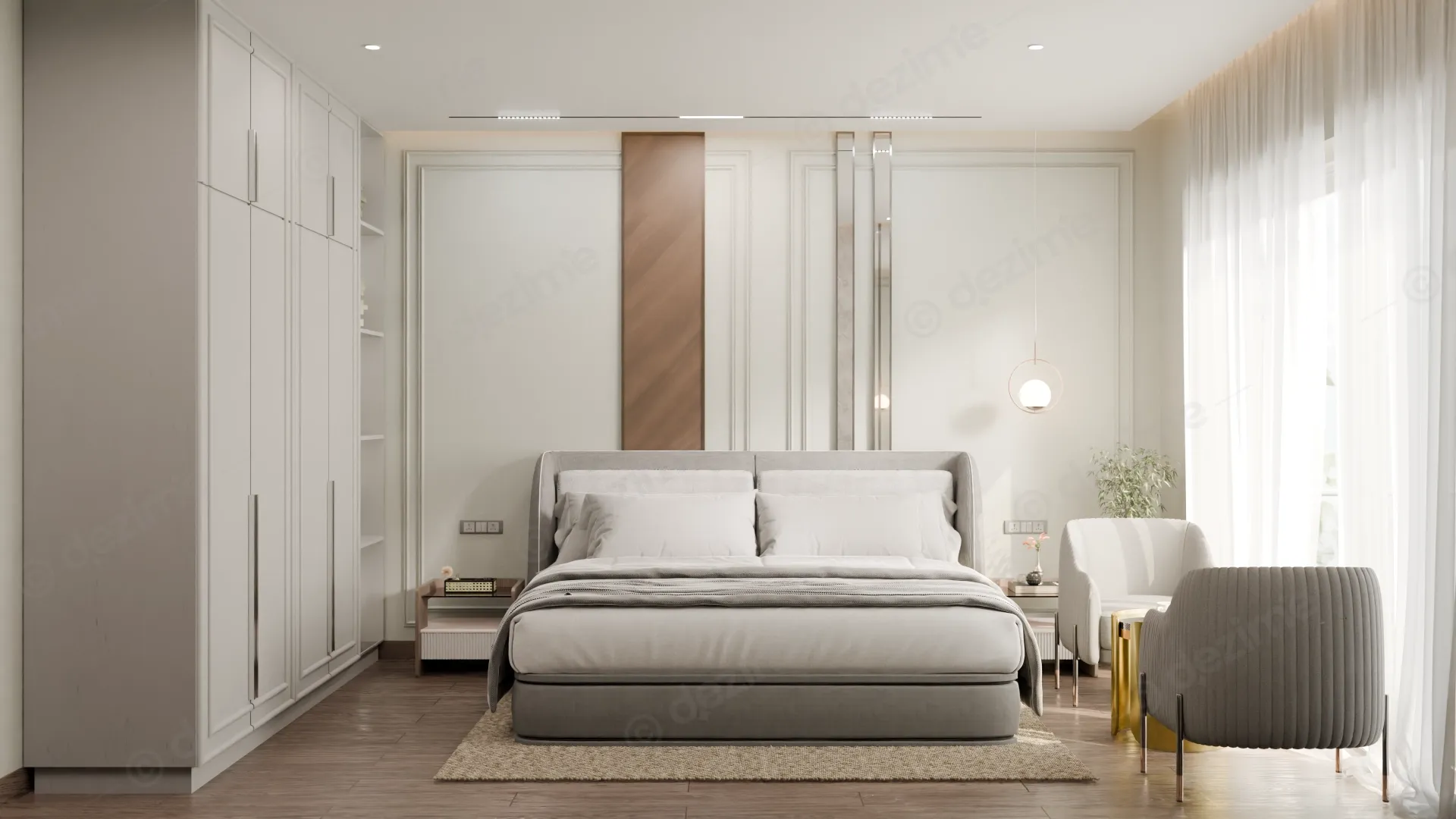 Modern NeoClassical: Master Bedroom Bed Back Wall Interior Design by Dezime AI