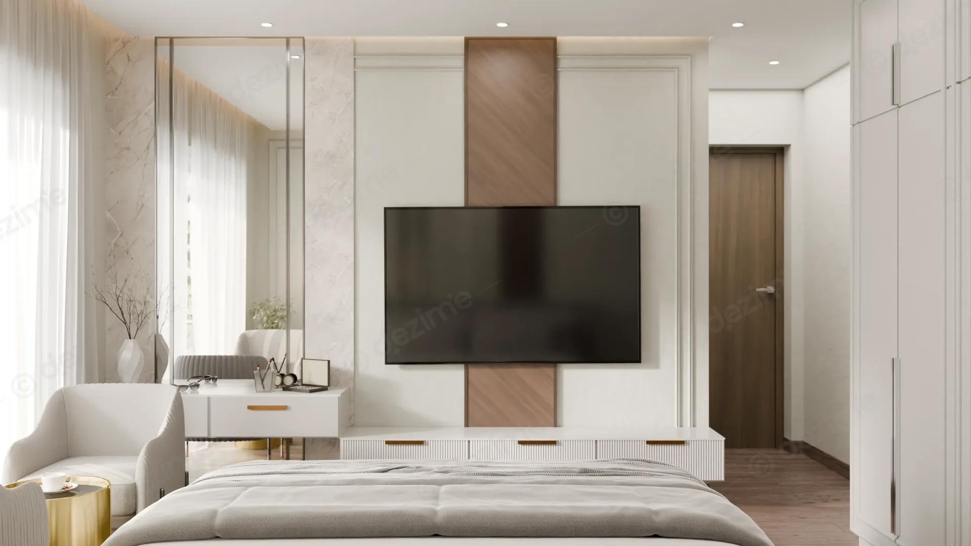 Modern NeoClassical: Master Bedroom TV Wall Interior Design by Dezime AI