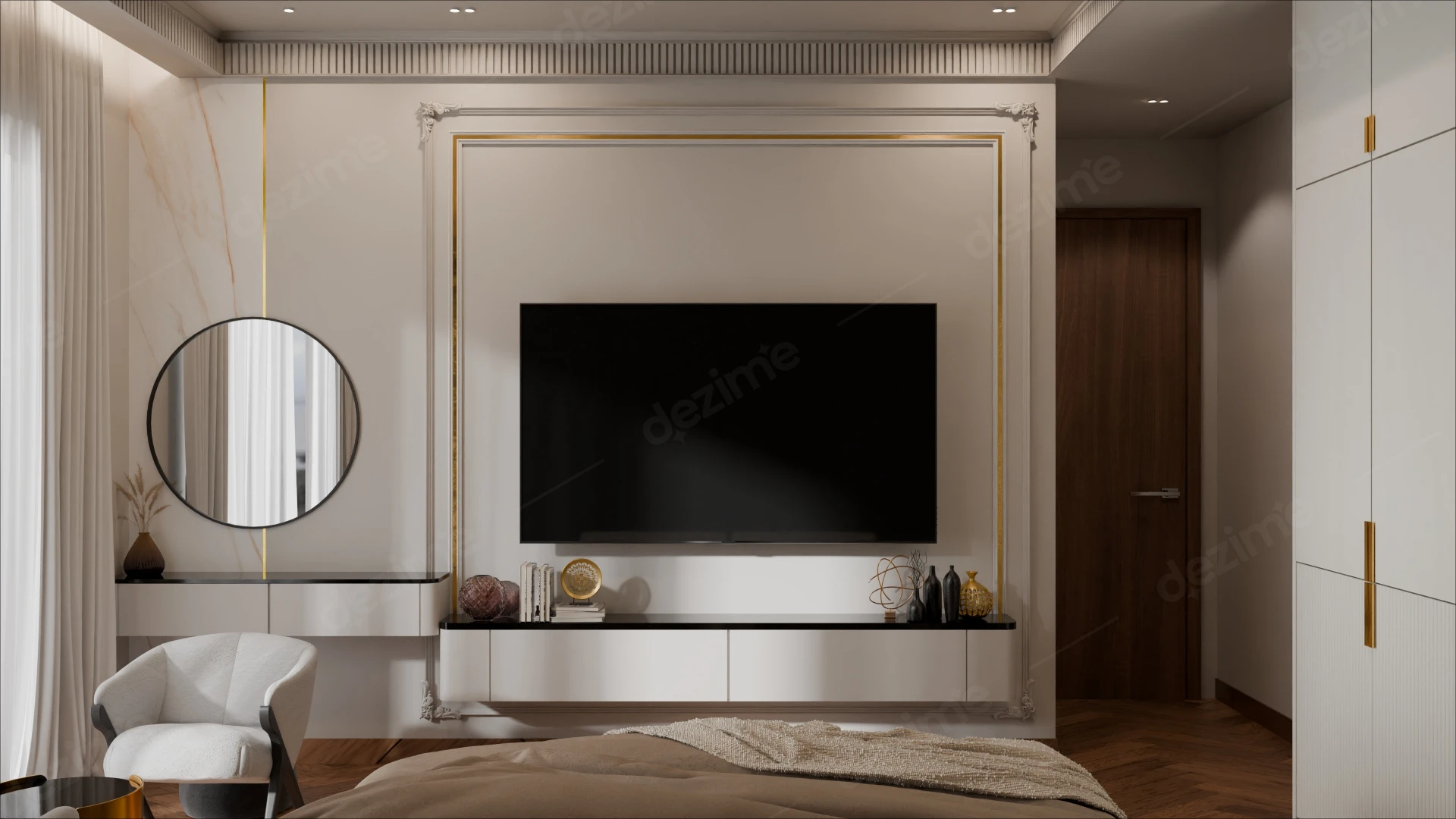   NeoClassical Elegante: Master Bedroom TV Wall Interior Design by Dezime AI