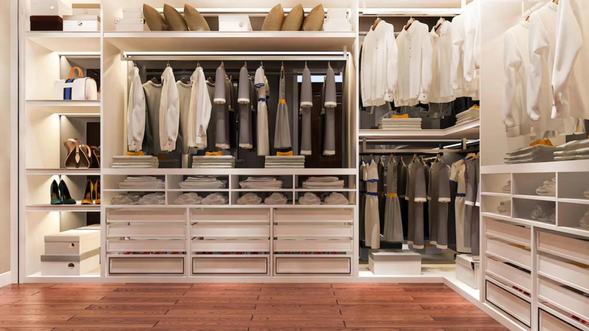 3d rendering luxury scandinavian wood walk in closet with wardrobe and make up table